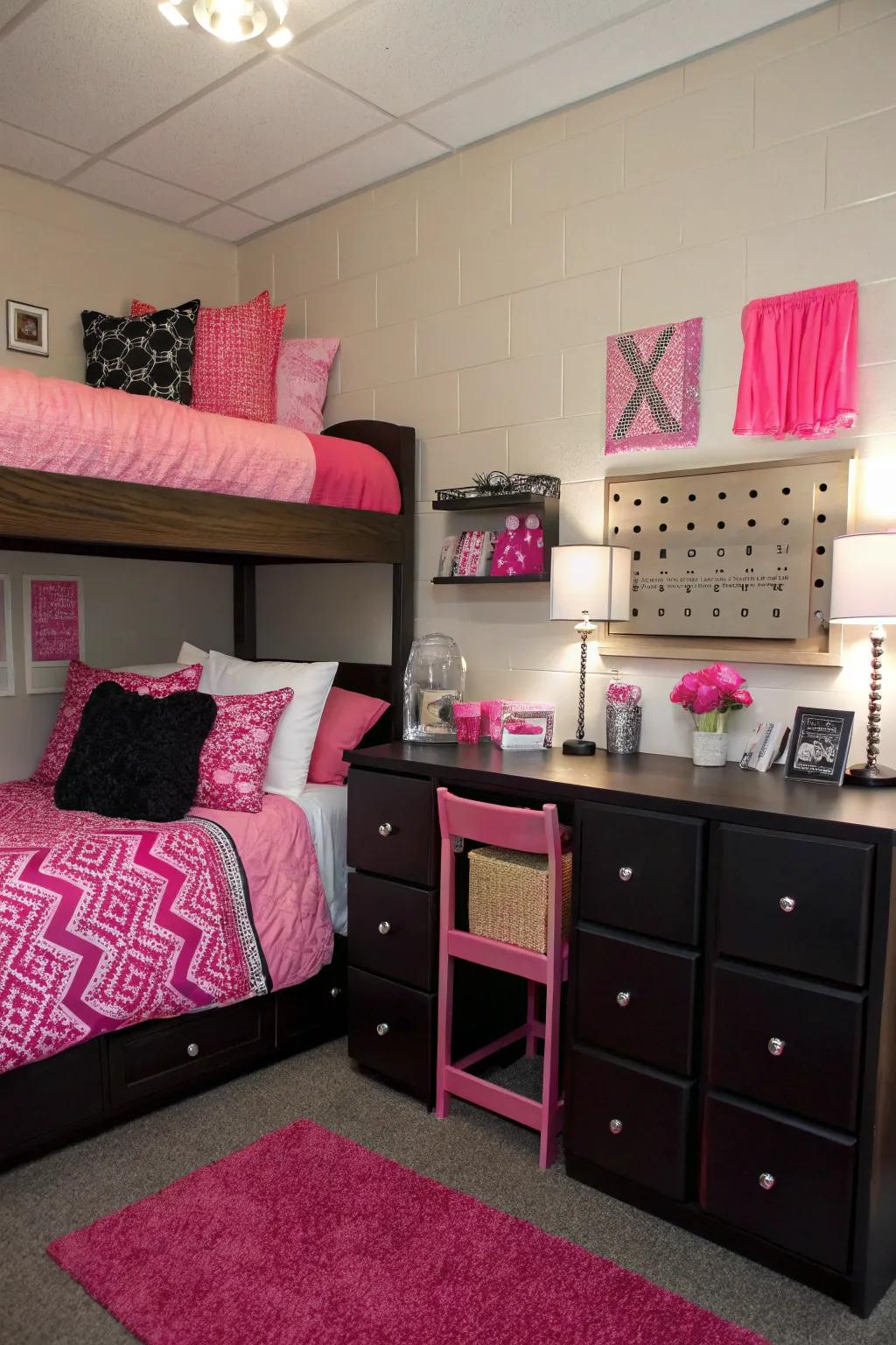 Black furniture with playful pink accents for a balanced look.