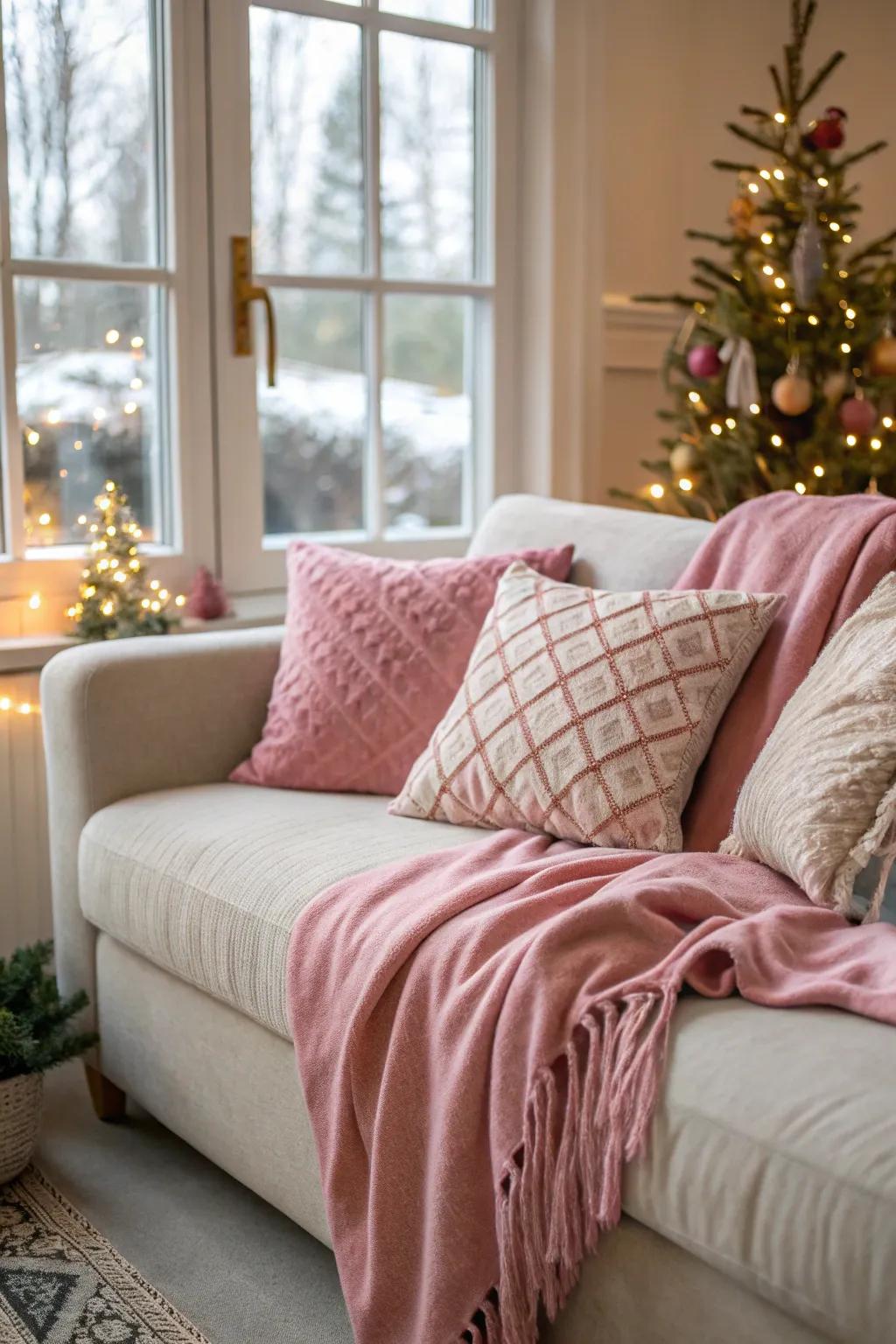 Pink throws and pillows add warmth and style to your space.