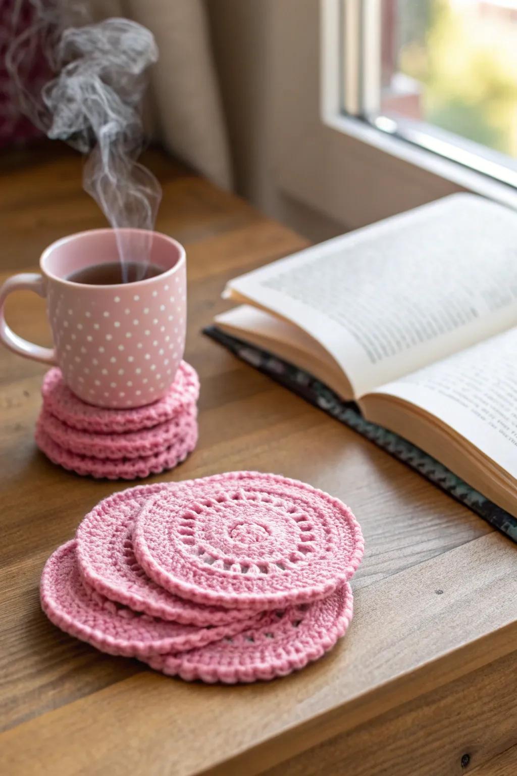 Protect surfaces with cute and functional pink crochet coasters.