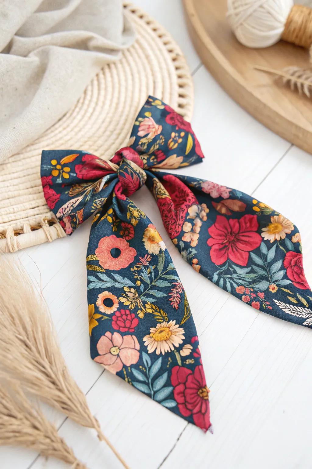 Add a touch of spring elegance with a handcrafted floral fabric bow, perfect for gifting or home decor.