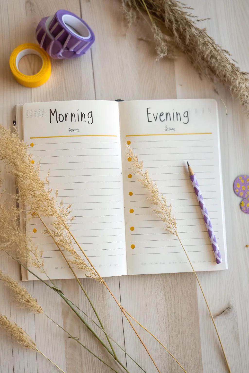 Elevate your planning with vibrant color coding: A touch of yellow for mornings and purple for evenings, perfectly blending minimalism with boho charm.