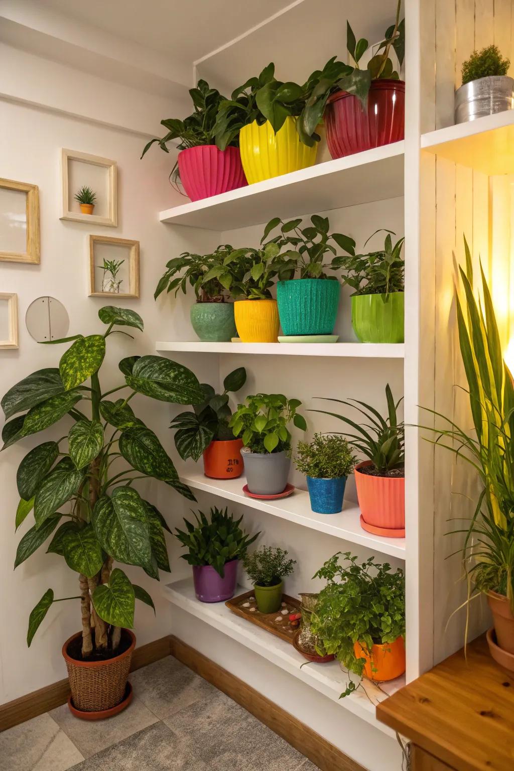 L-shaped corner shelves with a playful mix of planters.