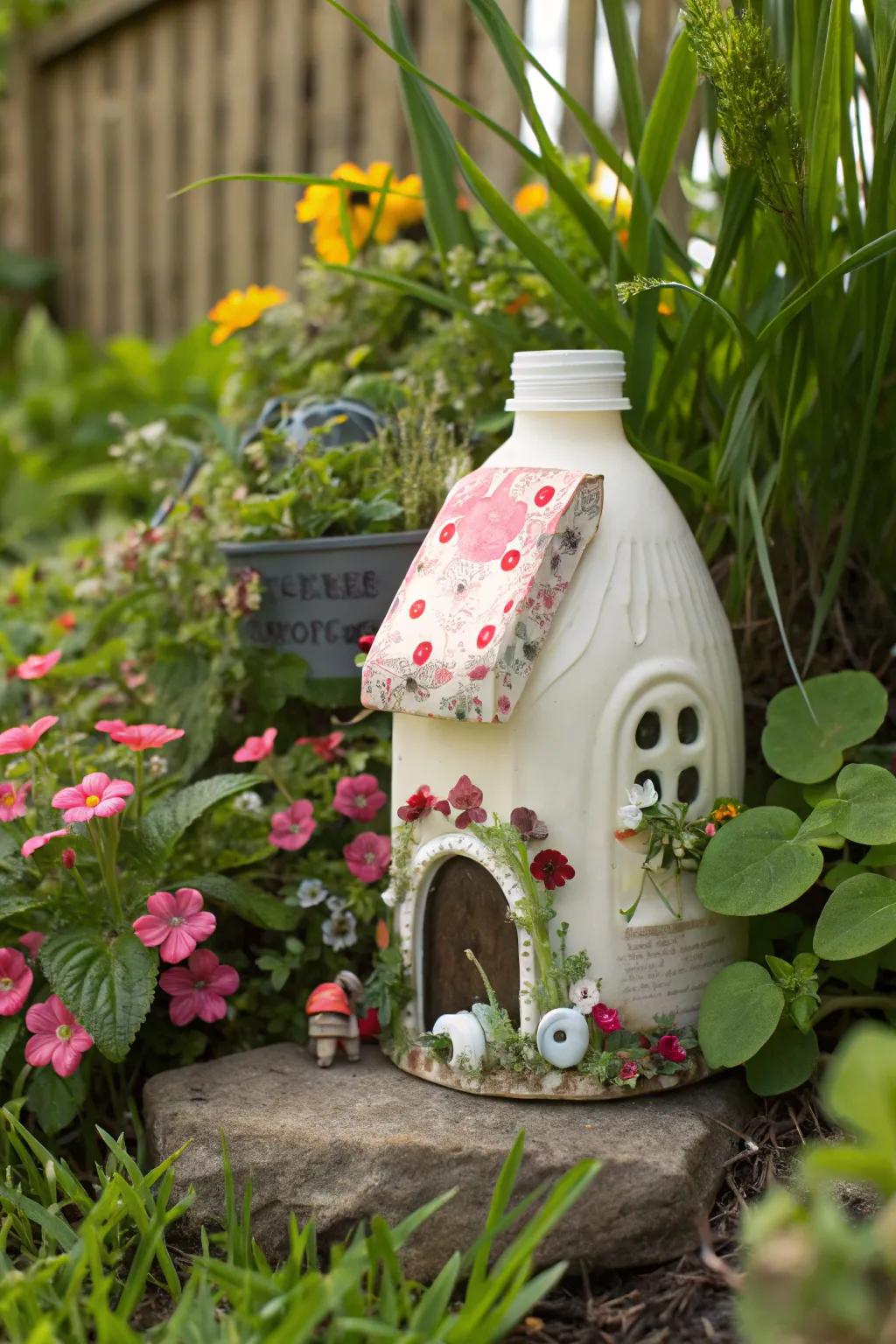 Bring a touch of magic to your garden with whimsical fairy houses made from milk bottles.