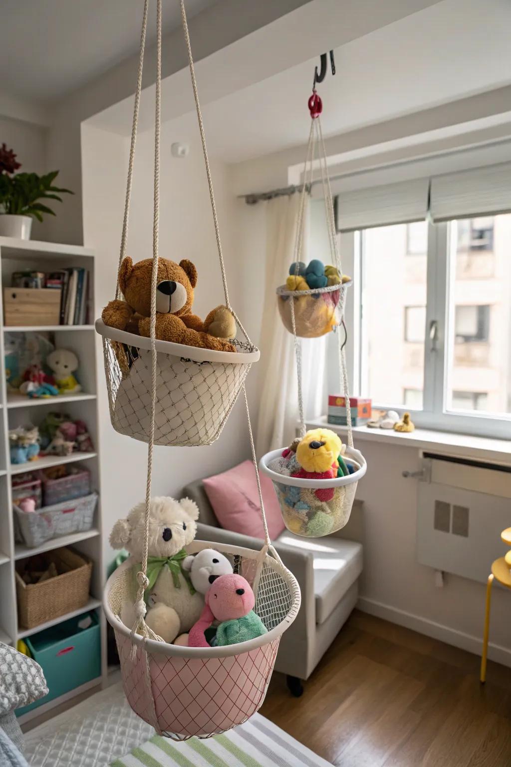 Hanging storage baskets make use of vertical space creatively.