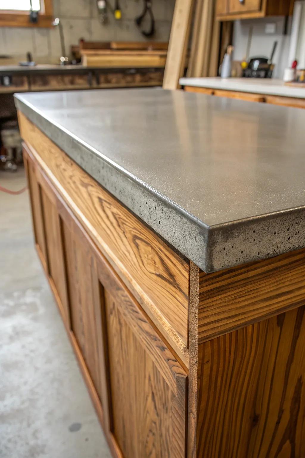 Elevate your space with the perfect blend of natural warmth and industrial sleekness: a DIY plywood countertop with a concrete topcoat.