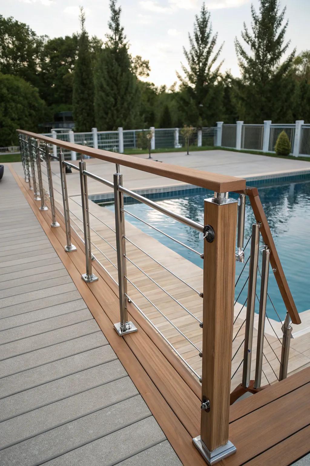 Mixing materials can create a unique and stylish pool deck railing.