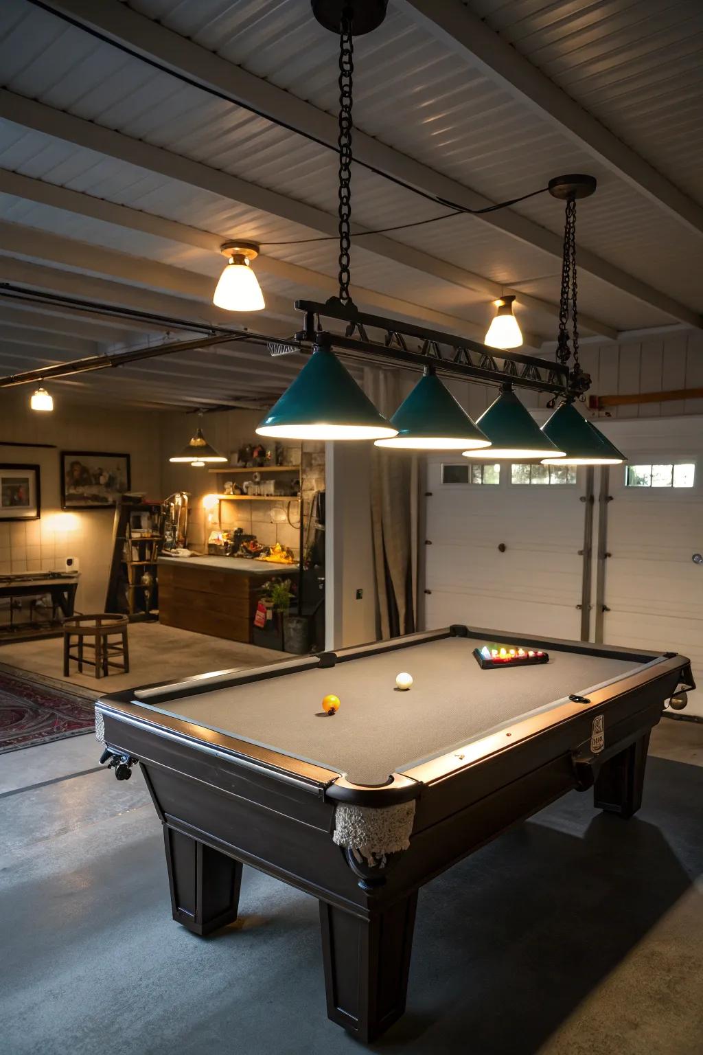 Well-placed lighting enhances both ambiance and functionality in your garage game room.