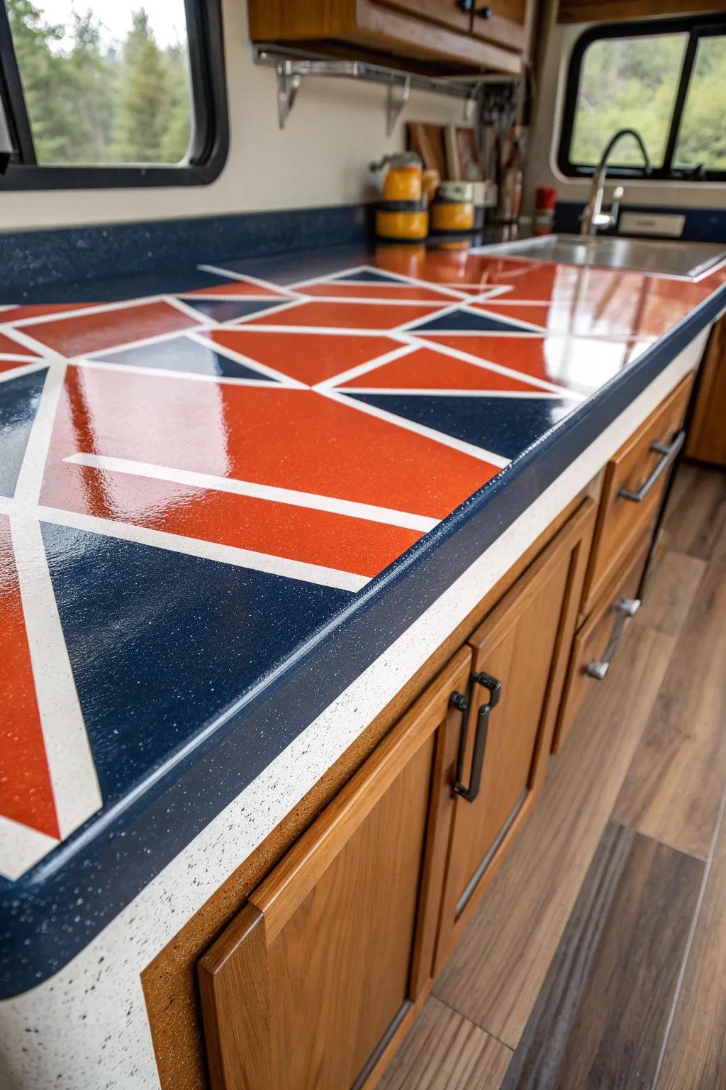 Add a bold touch of personality to your camper kitchen with painted countertop patterns!