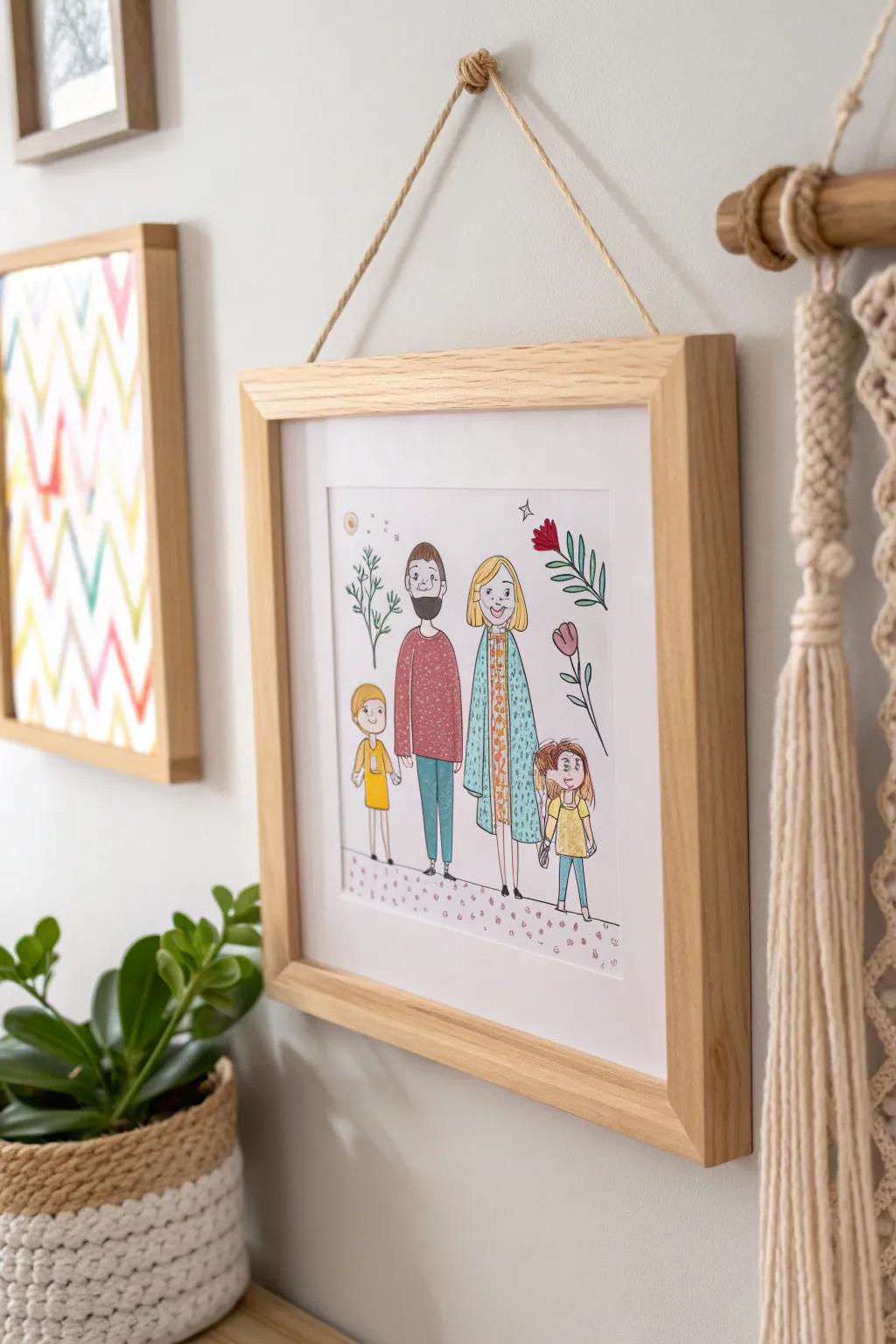 Celebrate creativity with kids' art: A vibrant family portrait that brings joy and color to minimalist spaces.
