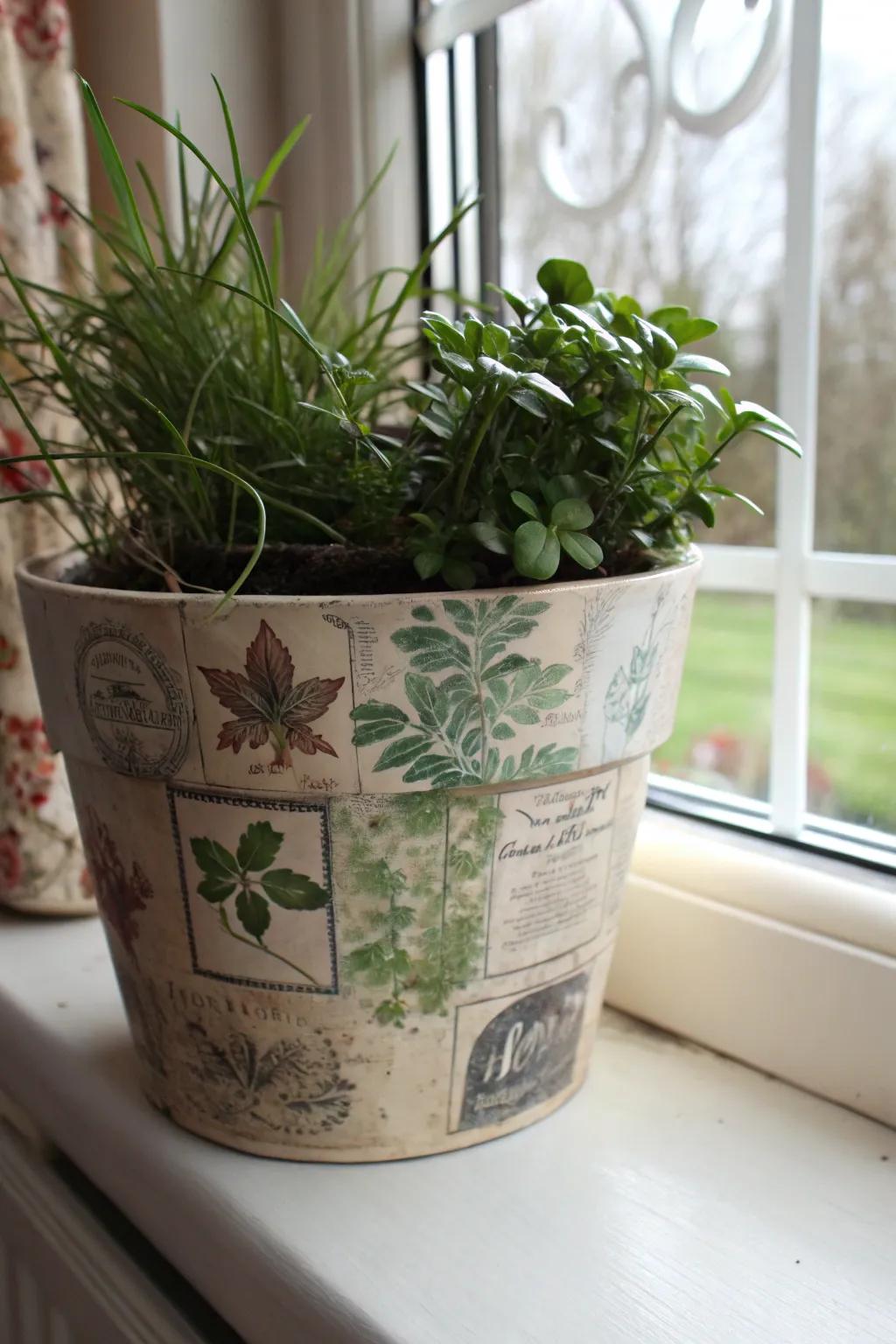 Vintage decoupage adds a whimsical touch to plant pots.