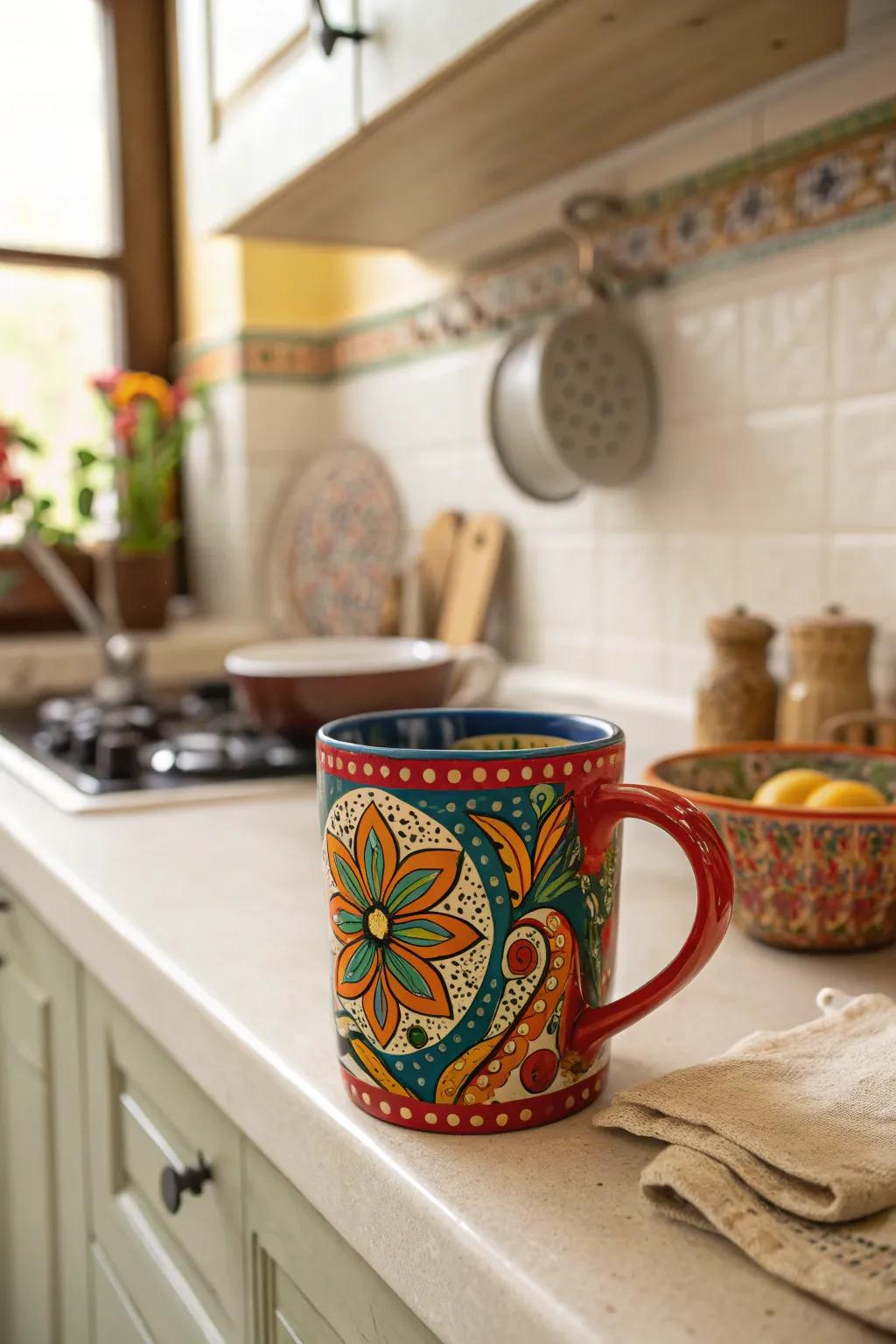 A vibrant hand-painted mug ready for your favorite brew.