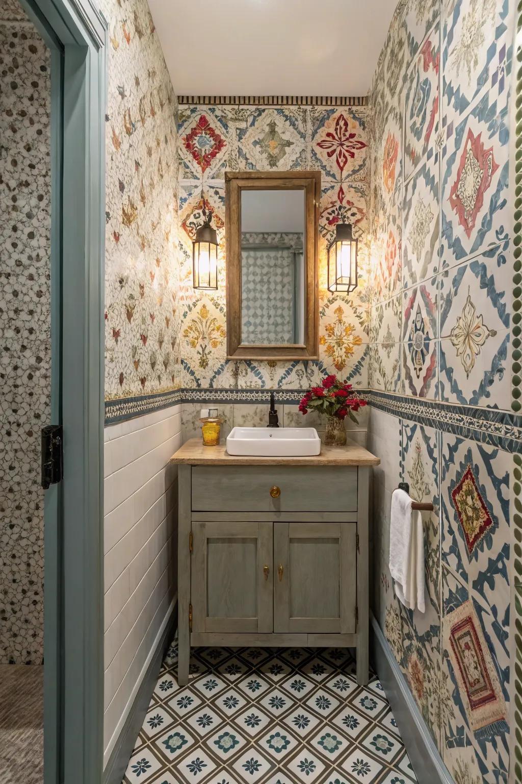 Mixing patterns can add a playful and dynamic feel to your powder room.