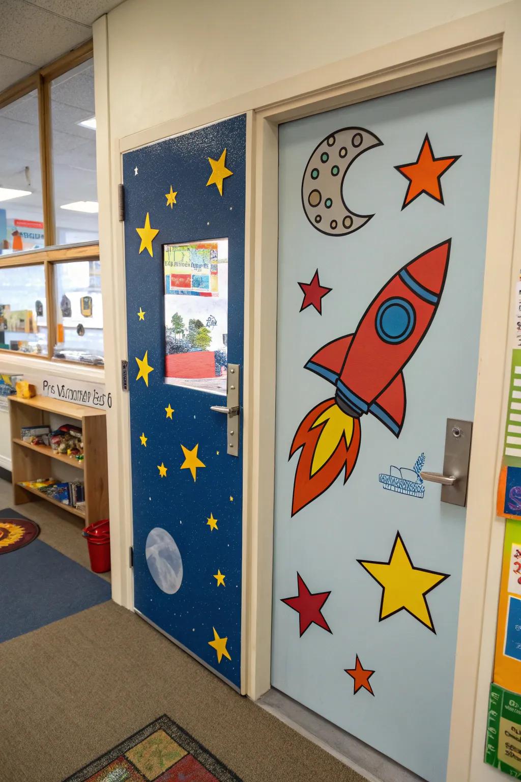 Shoot for the stars with a space-themed preschool door.