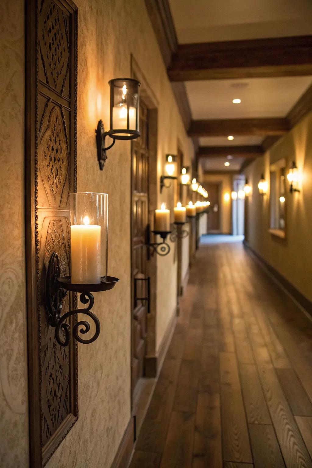 Candle wall sconces creating a cozy atmosphere in a hallway.