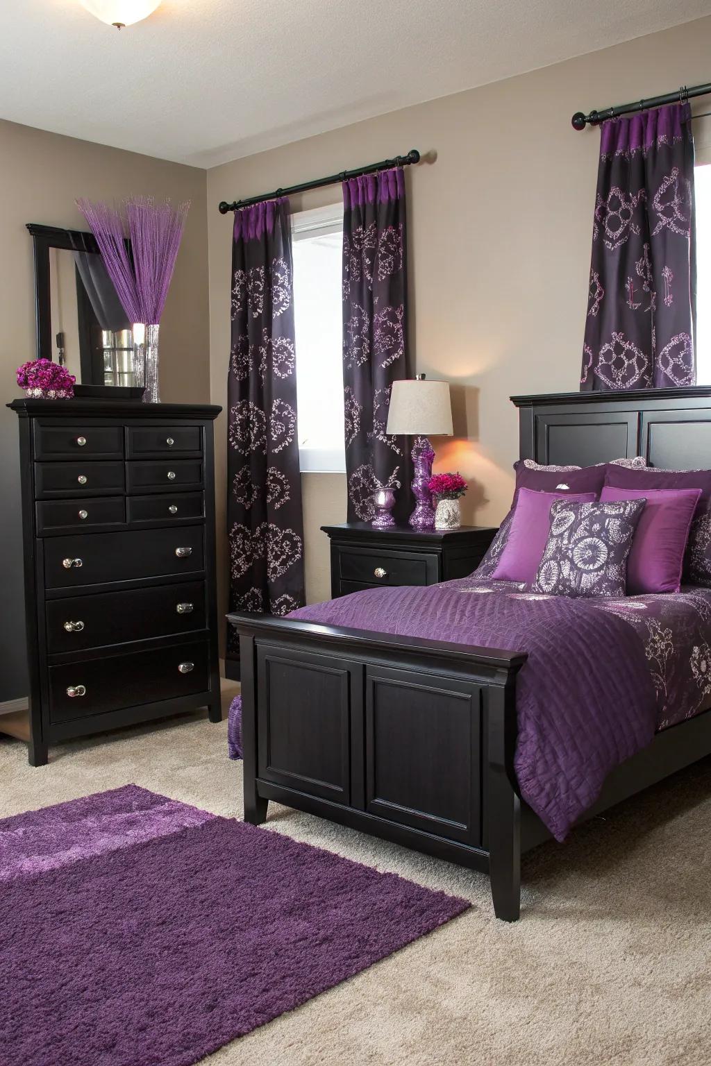 A bedroom featuring elegant black furniture and vibrant purple decor.