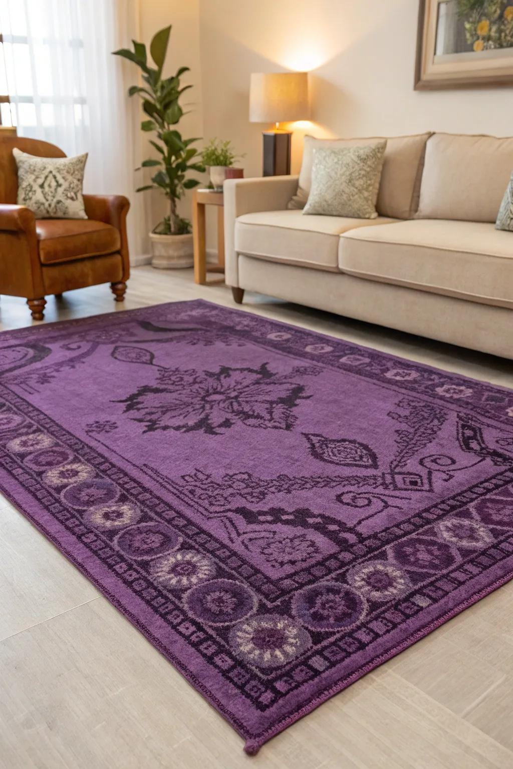 A statement purple rug adds a bold touch.