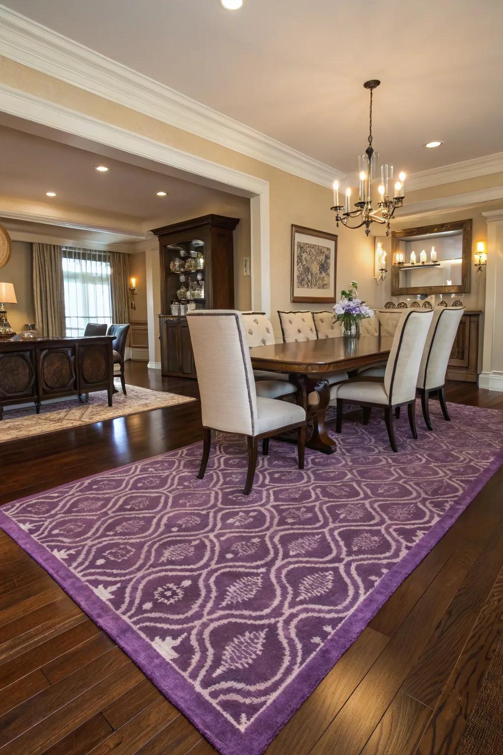 A statement purple rug defines and enhances the dining area.