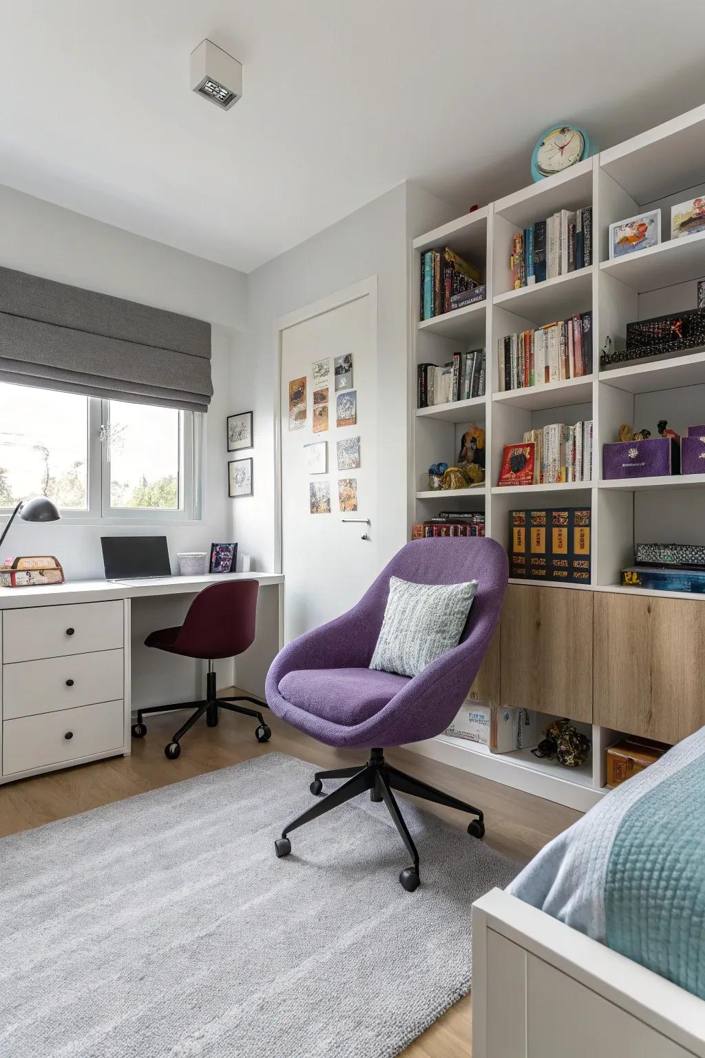 A purple chair adds both style and functionality.