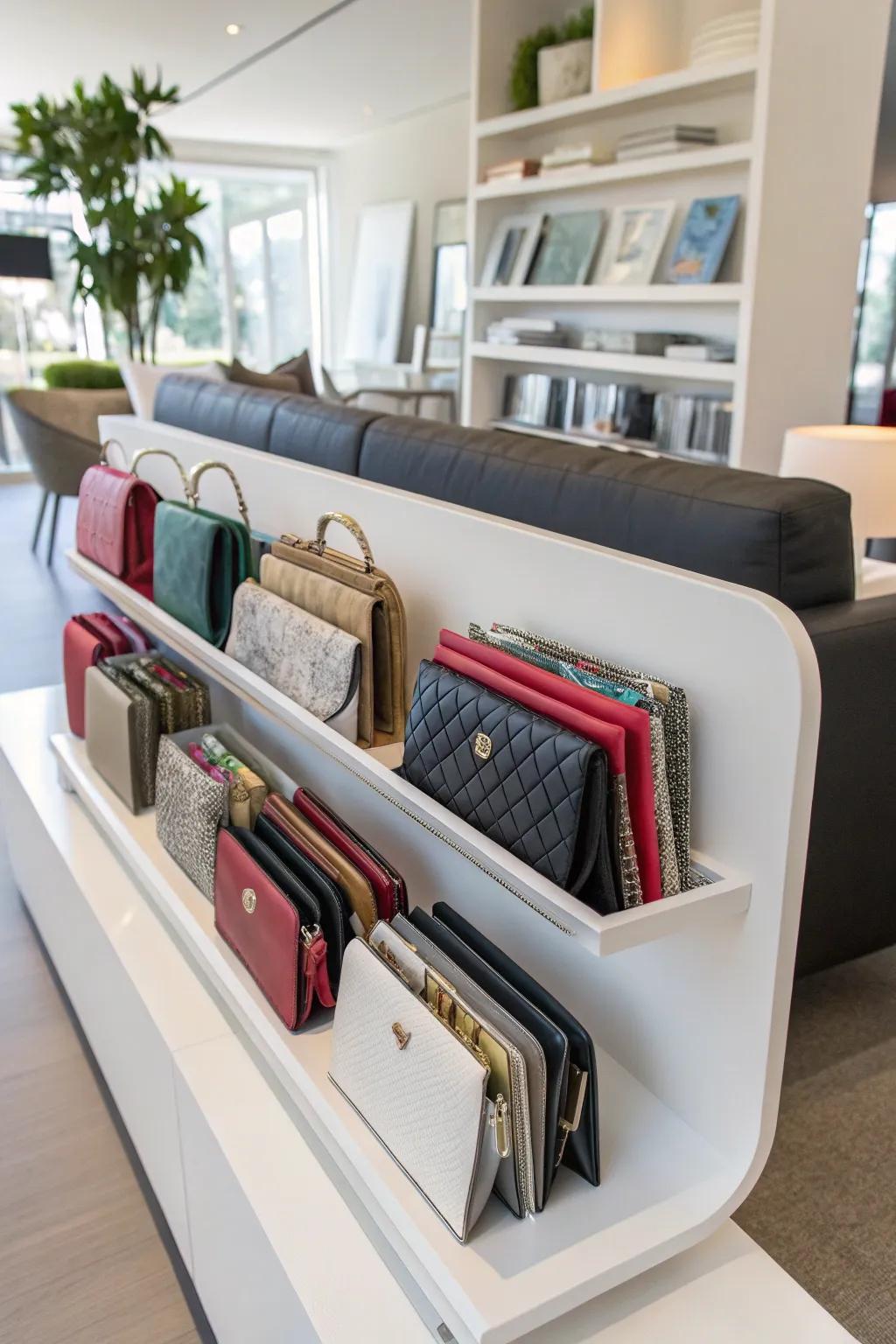 Magazine holders are a clever way to store slim purses.