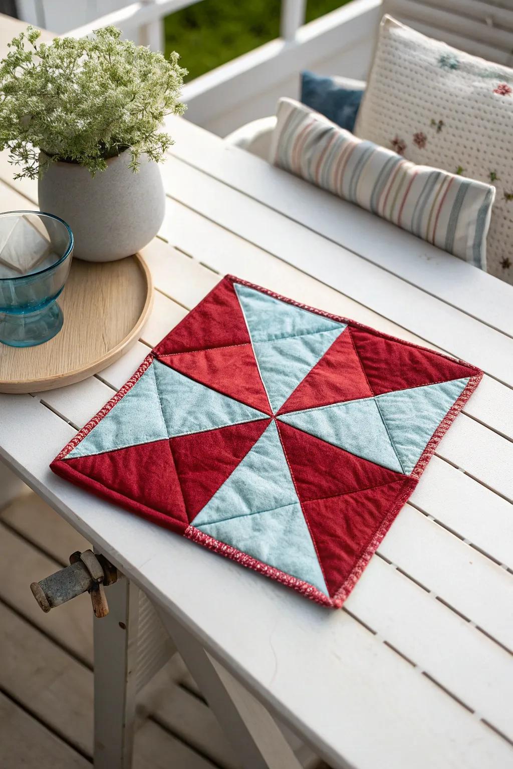 Discover the art of contrast: Bold reds meet soft blues in this stunning quilt block centerpiece.