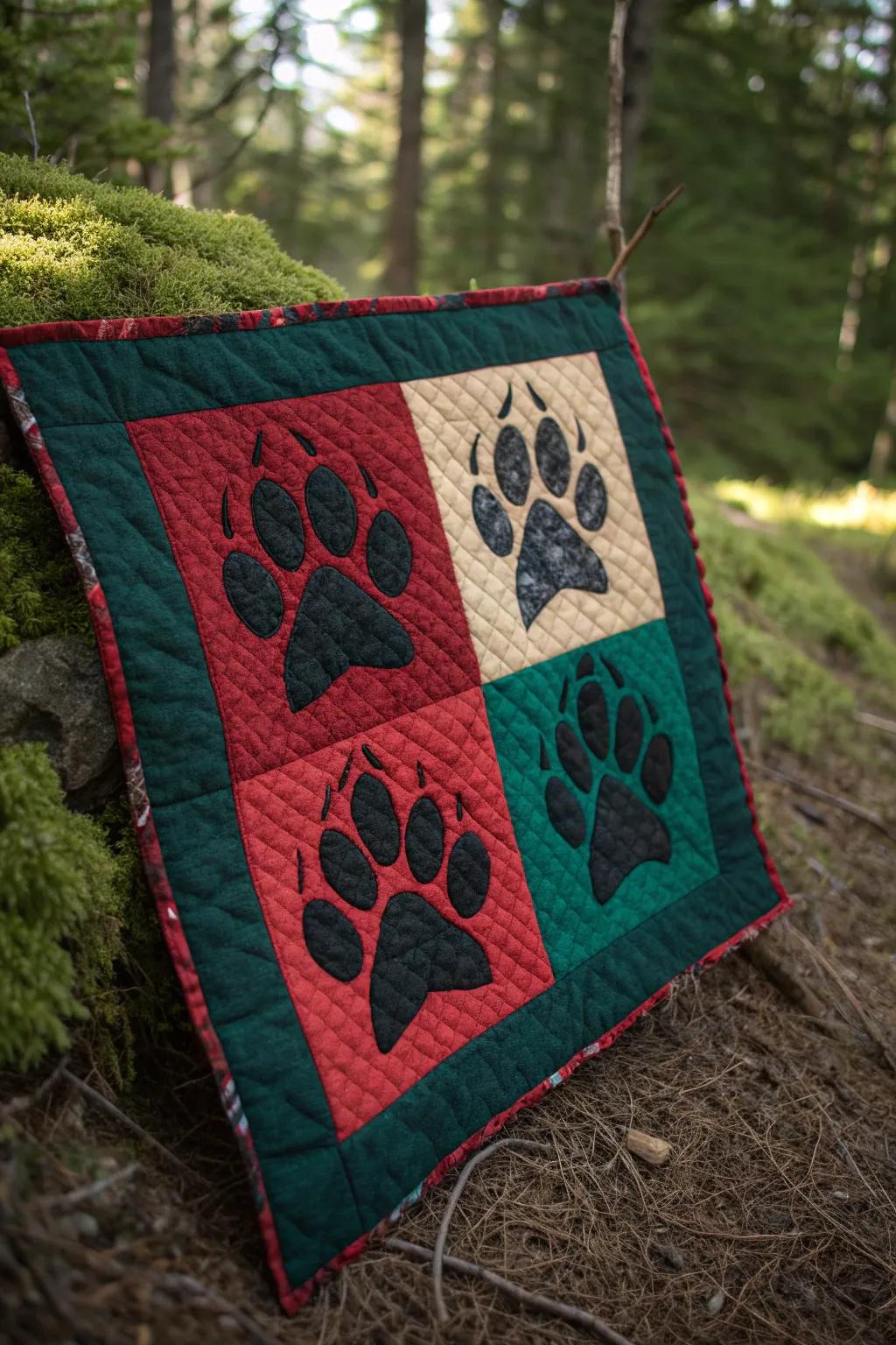Track the wild: bold animal footprints quilt pattern for adventurous boys.
