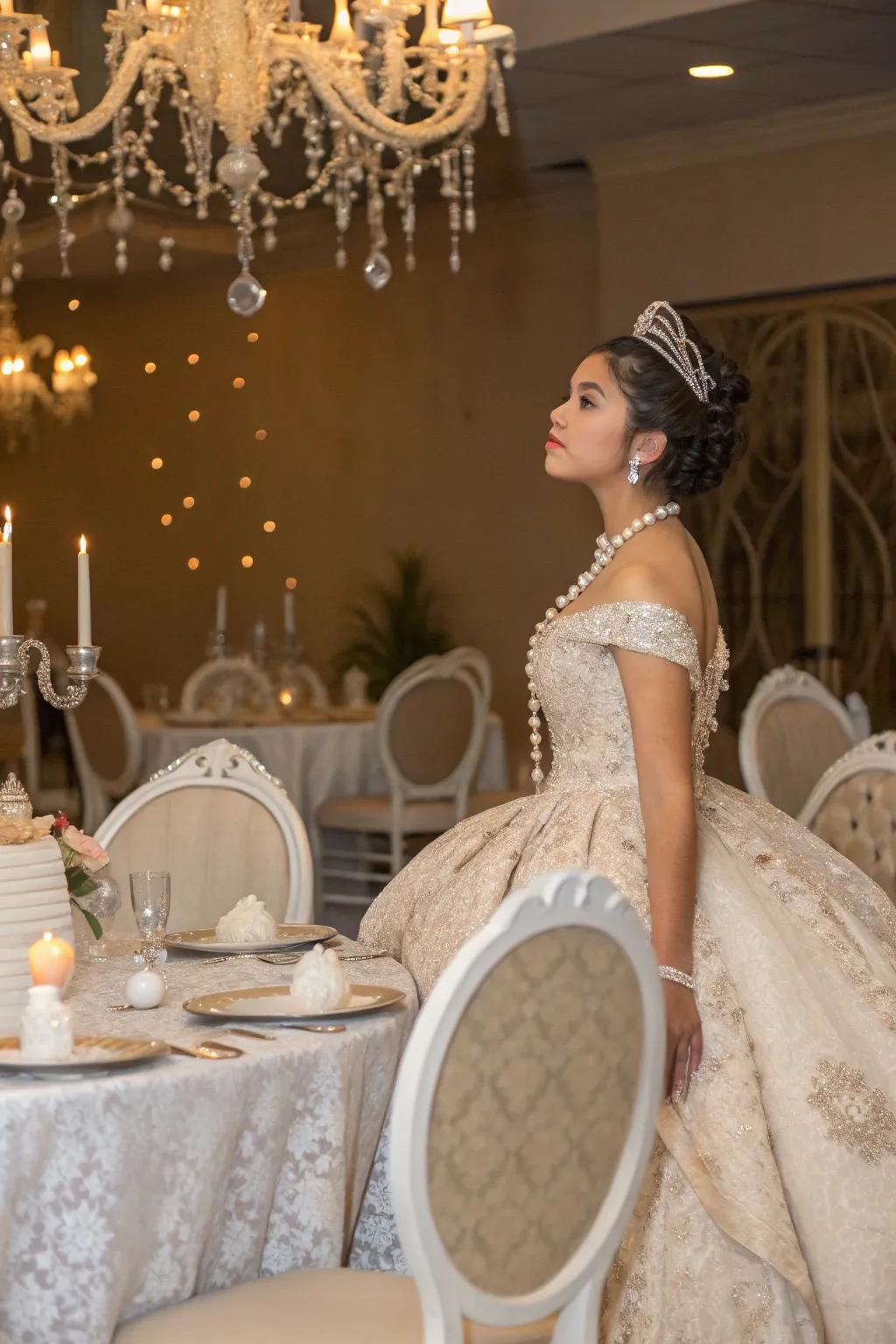 A sophisticated vintage glamour-themed quinceanera with lace and pearls.