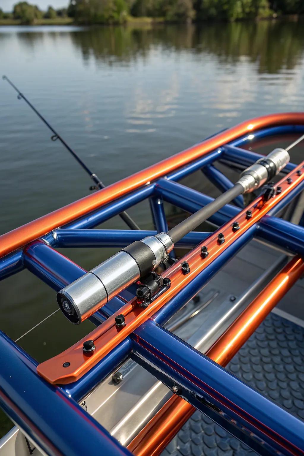 Sleek and Ready: Elevate your fishing game with expertly integrated rod holders on a polished raft frame.