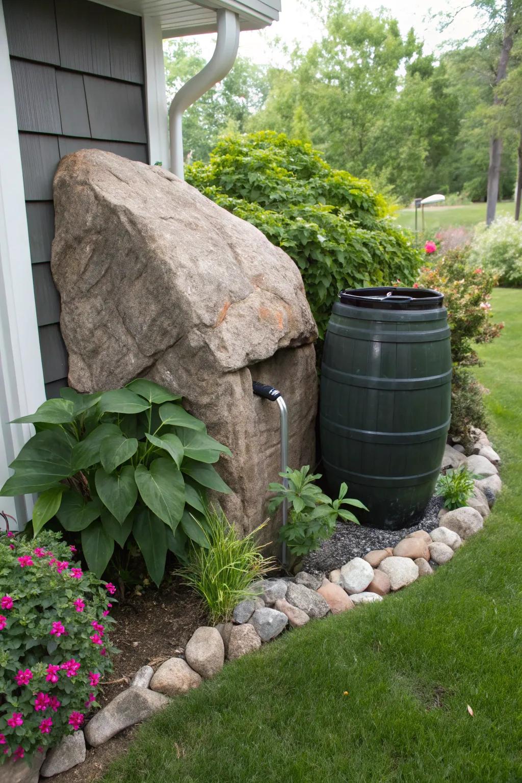 Faux rock covers offer a natural look while hiding your rain barrel.