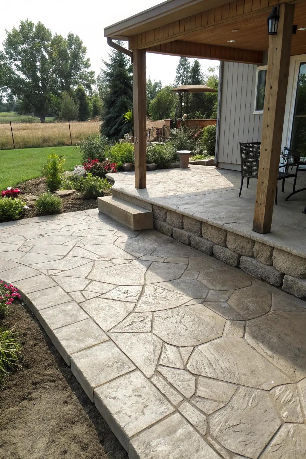 Rustic charm meets modern convenience with a stamped concrete patio.