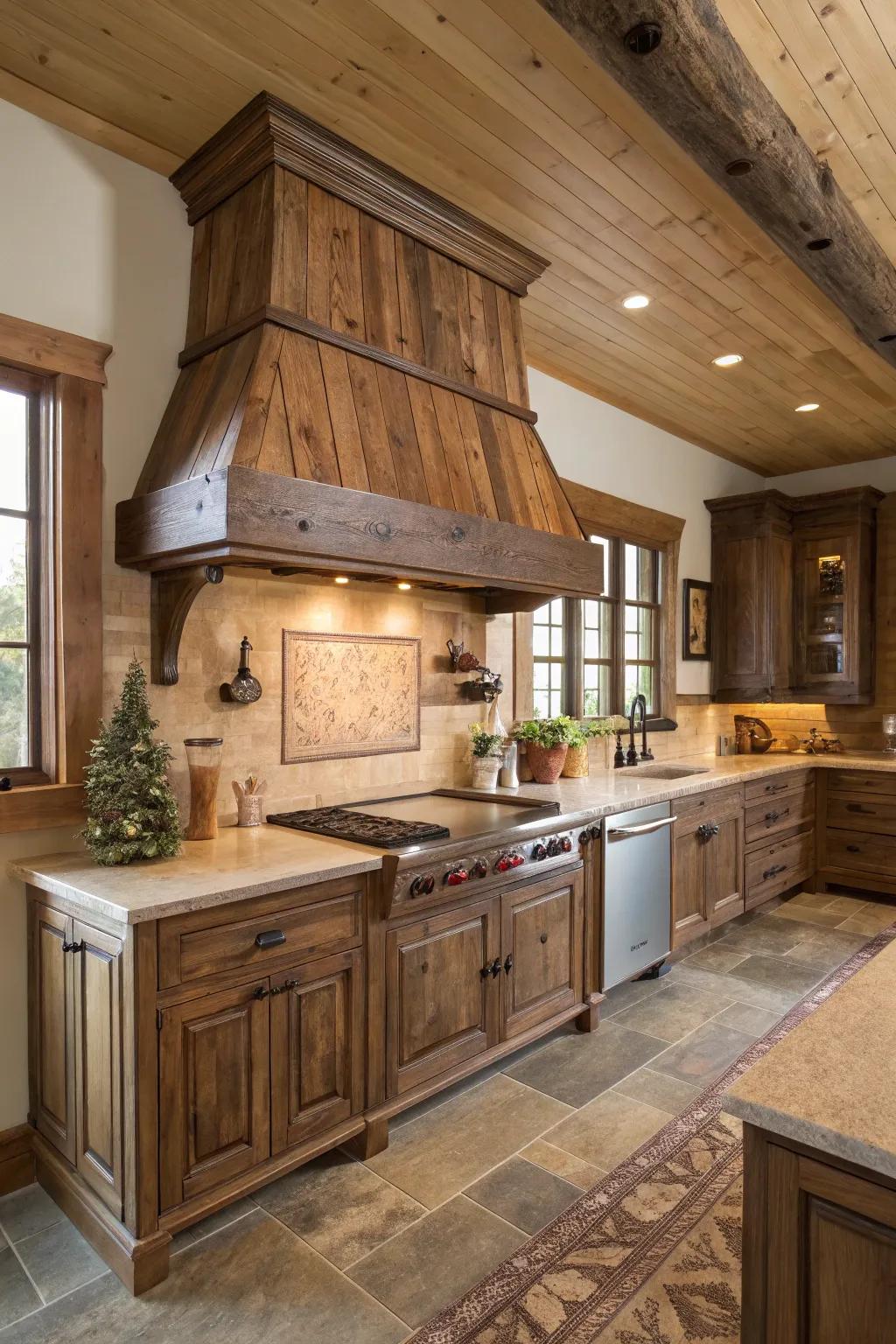 Wood paneling on a range hood creates a seamless and warm kitchen design.