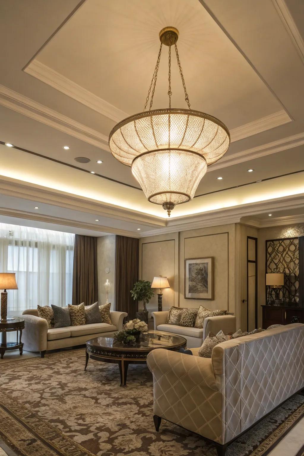 A living room featuring a dramatic pendant light from the recessed ceiling.