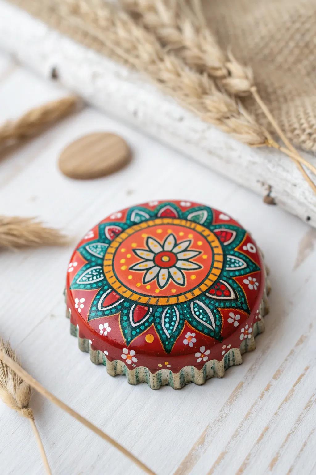 Transforming bottle caps into colorful, charming magnets – a blend of creativity and sustainability.