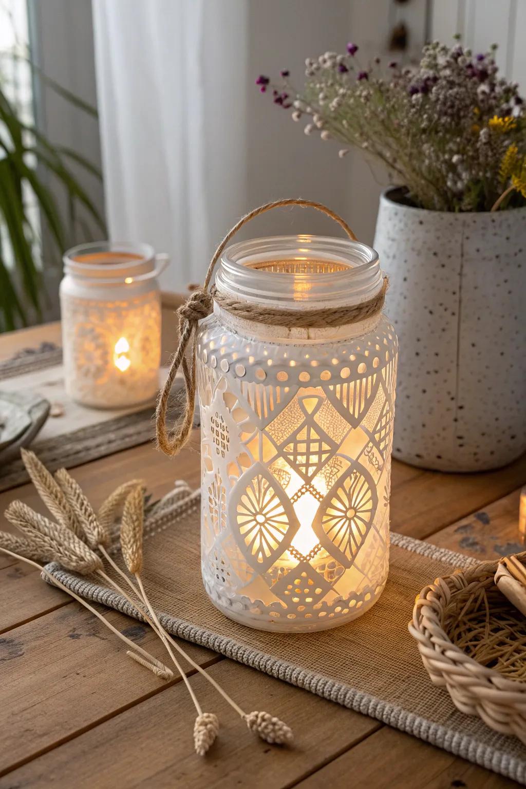 Illuminate your space with sustainable elegance: Recycled glass jar lanterns for a cozy, stylish ambience.