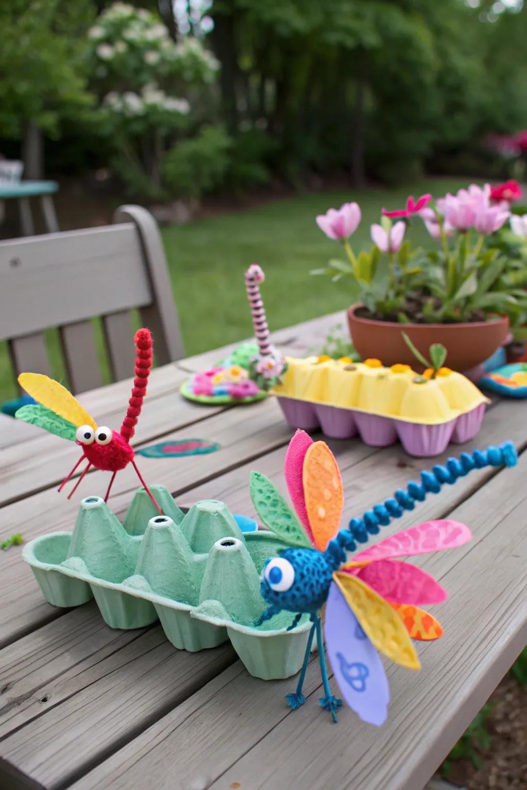 Create buzzing dragonflies with recycled egg cartons.