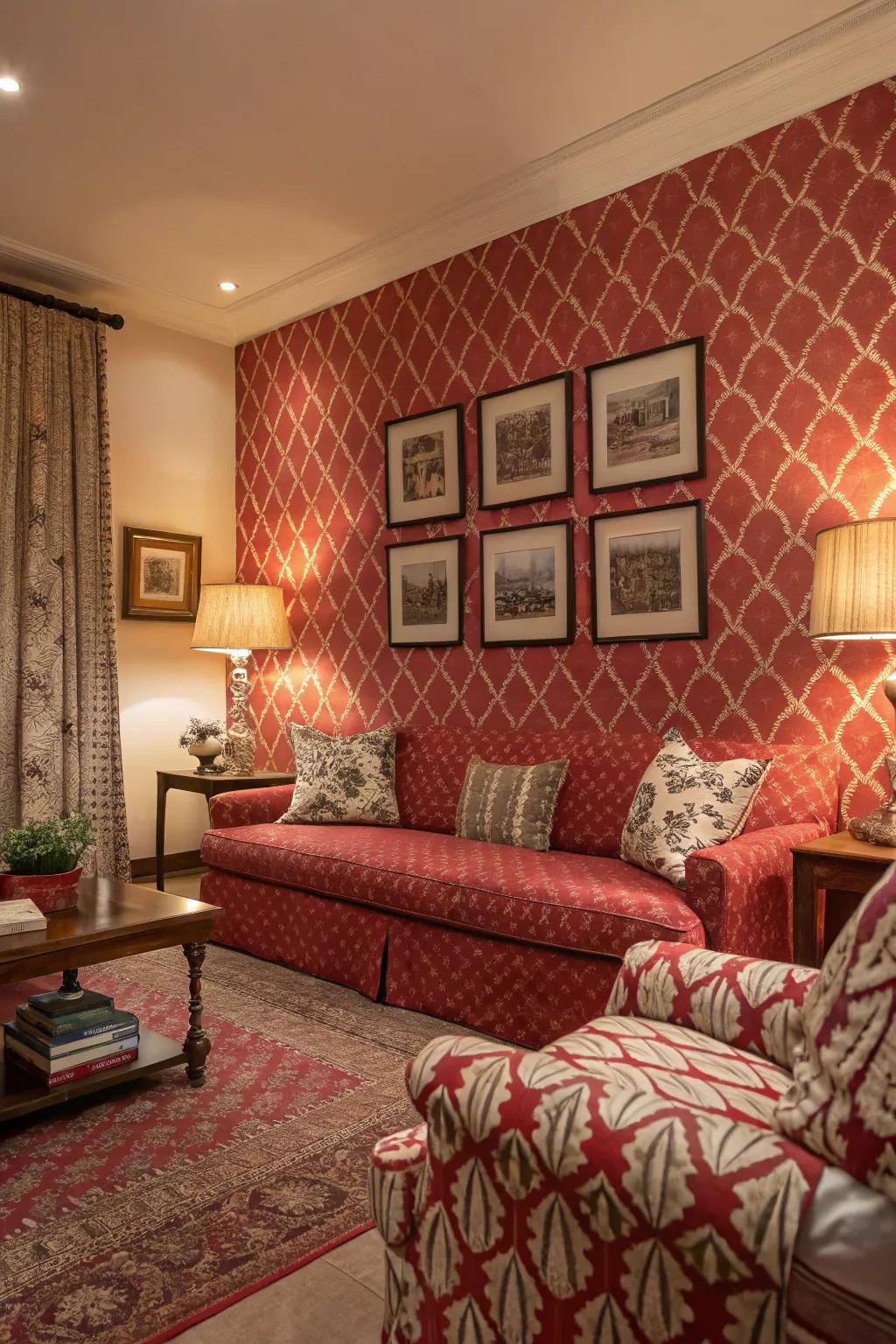 Red patterns add depth and character to this living room.