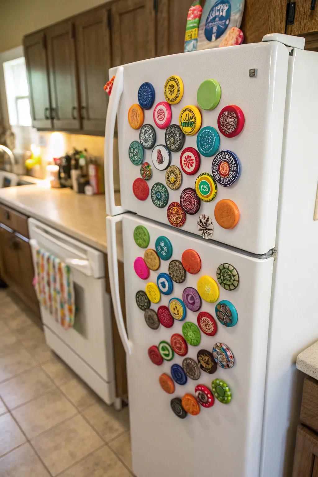 Bottle cap magnets bring playful charm to your kitchen.