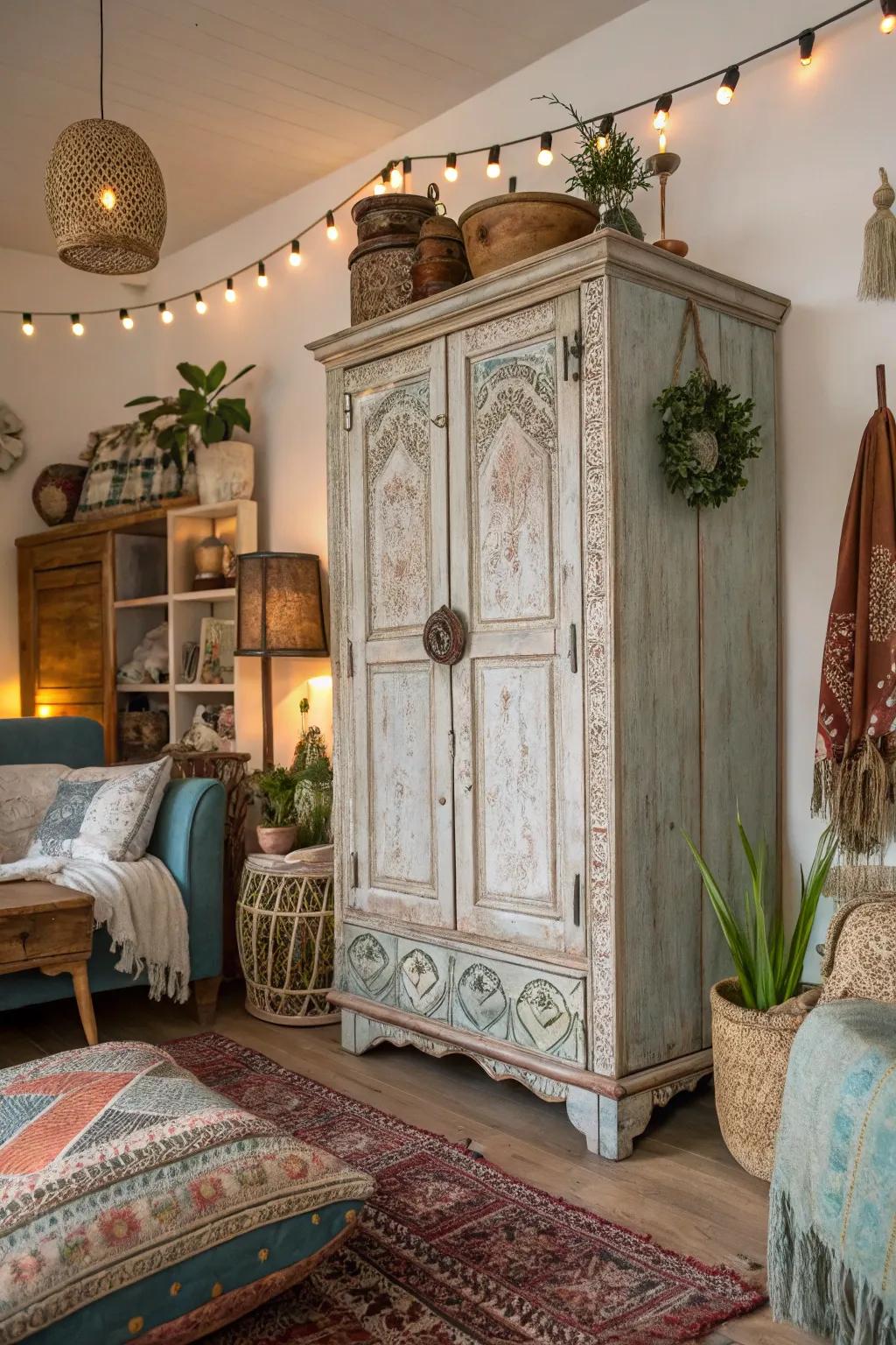 Boho chic style with mixed paint colors gives this armoire a relaxed, artistic feel.