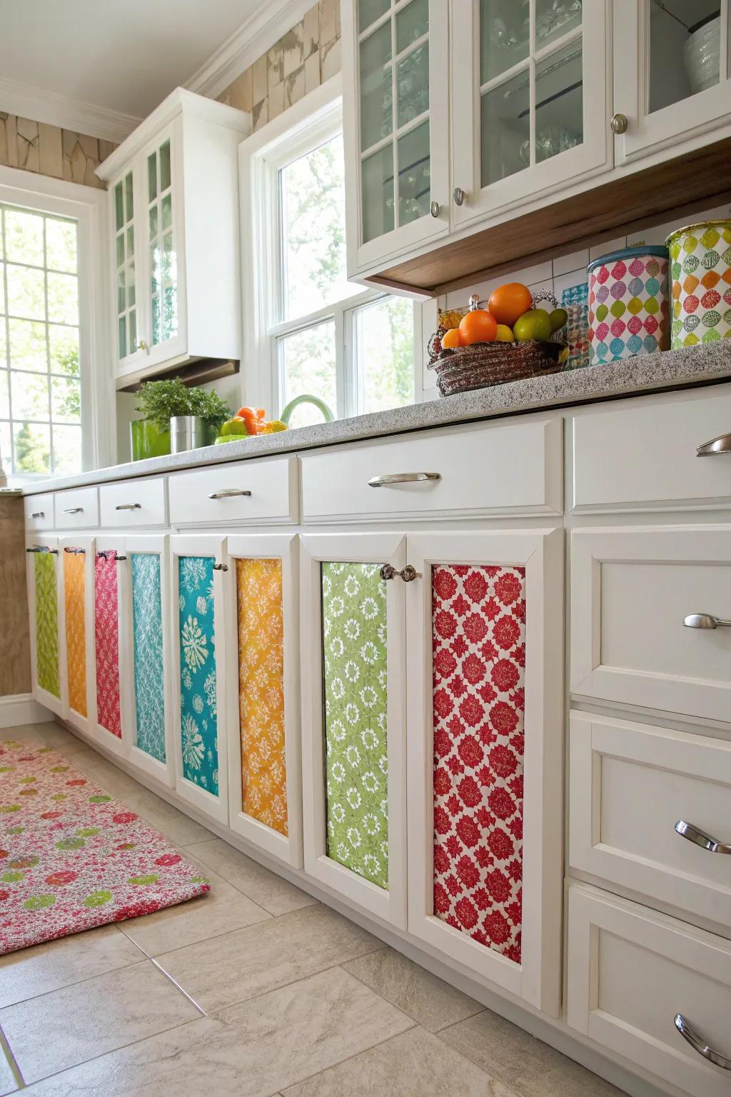 Decorative liners add personality and protection to kitchen cabinets.