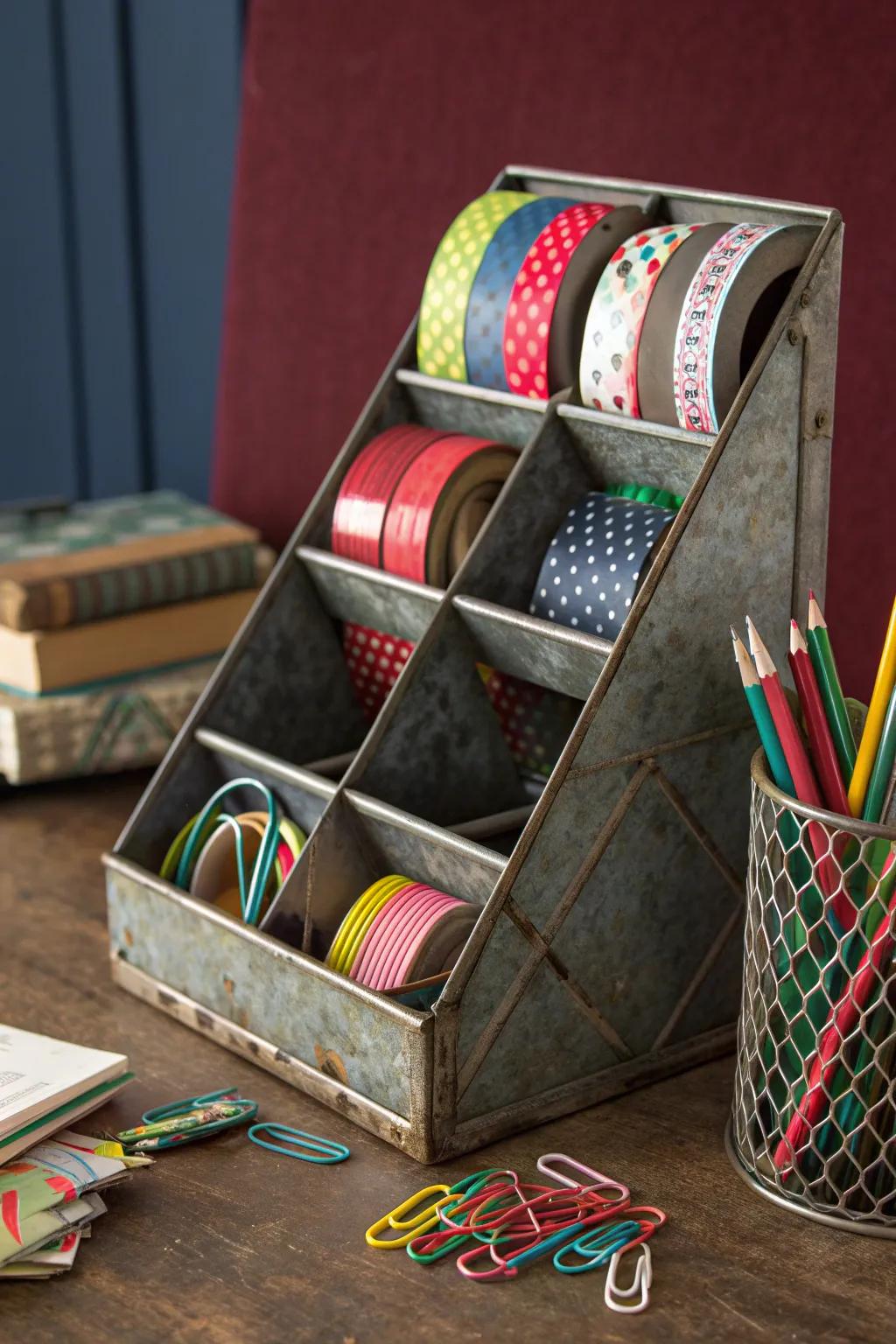 Transform your workspace with a touch of creativity: repurpose a classic CD rack into a stylish organizer for your craft and office essentials.