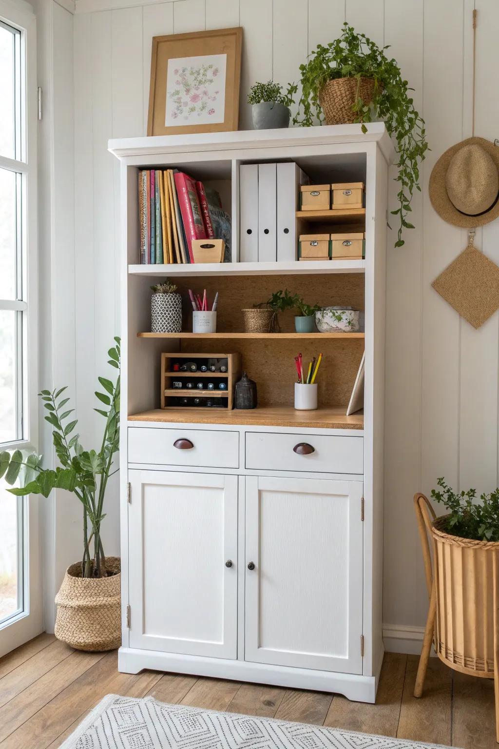 Transform your space with a chic, repurposed kitchen cabinet - the perfect blend of simplicity and style for your office needs!