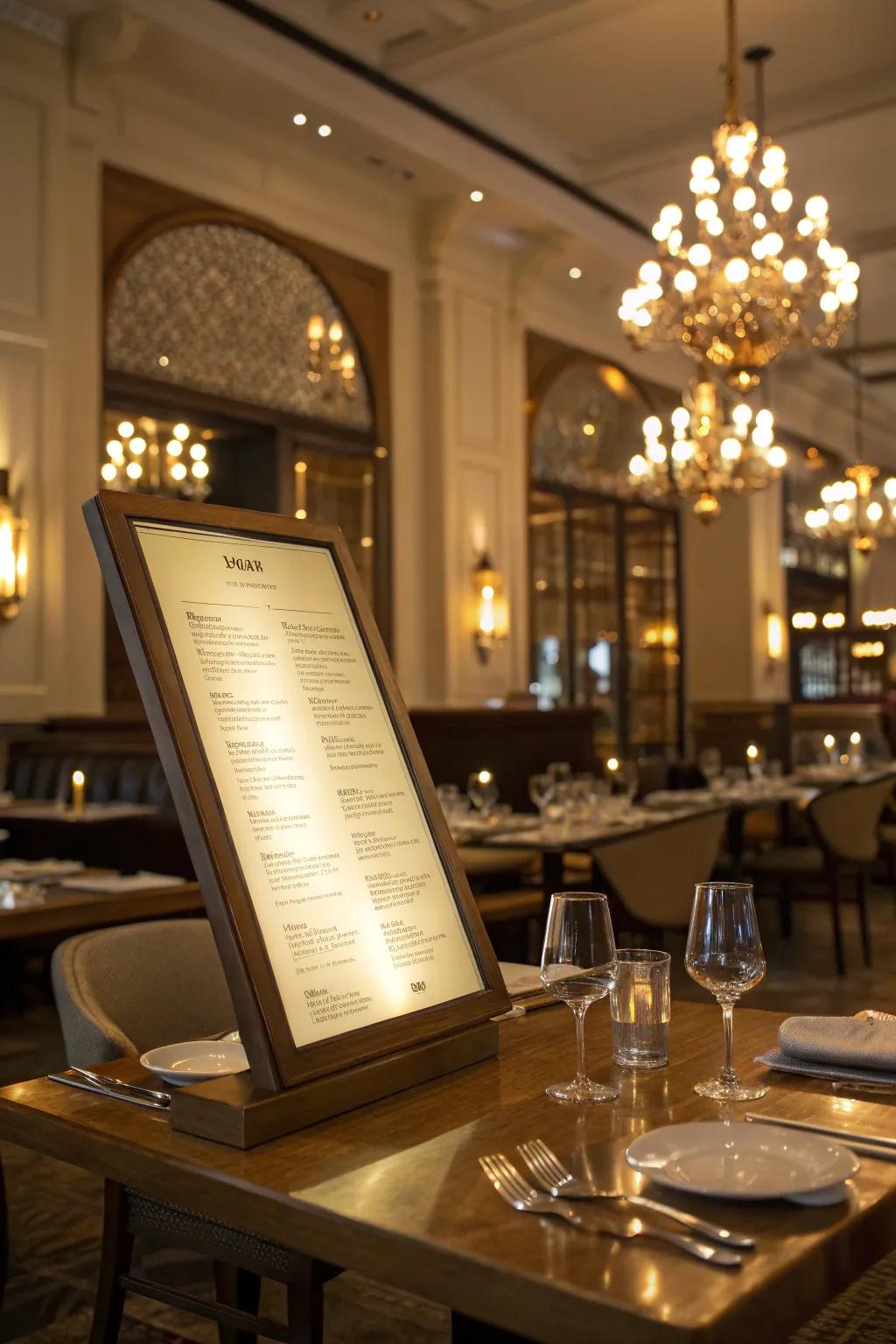 A backlit menu board adds a luxurious touch to any dining setting.