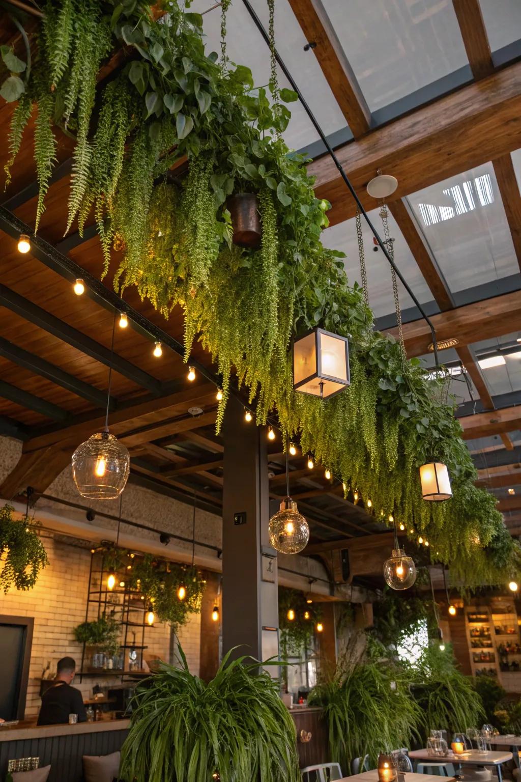 Hanging plants add a fresh and vibrant touch to restaurant interiors.