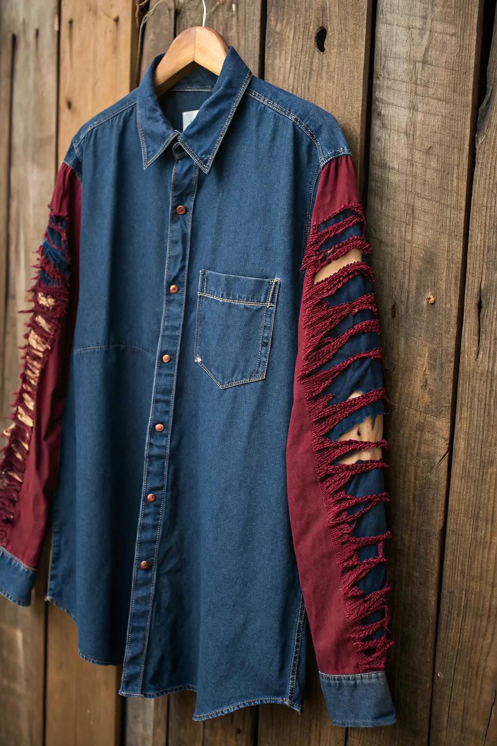 Elevate your style with intricately shredded sleeves that speak volumes.