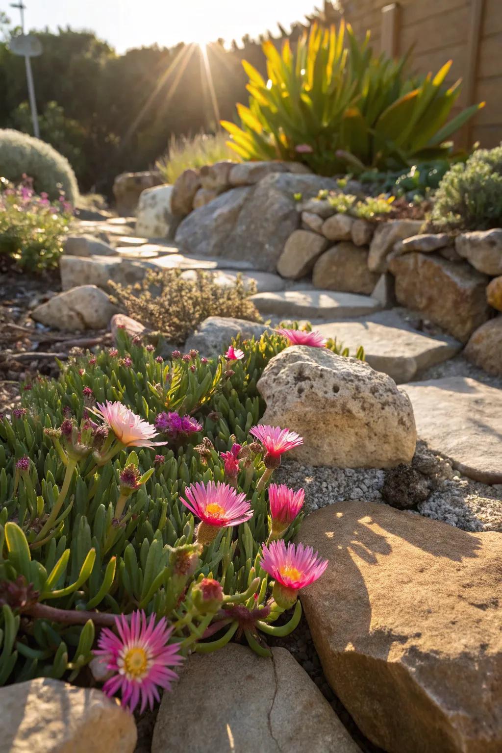 Ice plants add vibrant color to a rock garden.