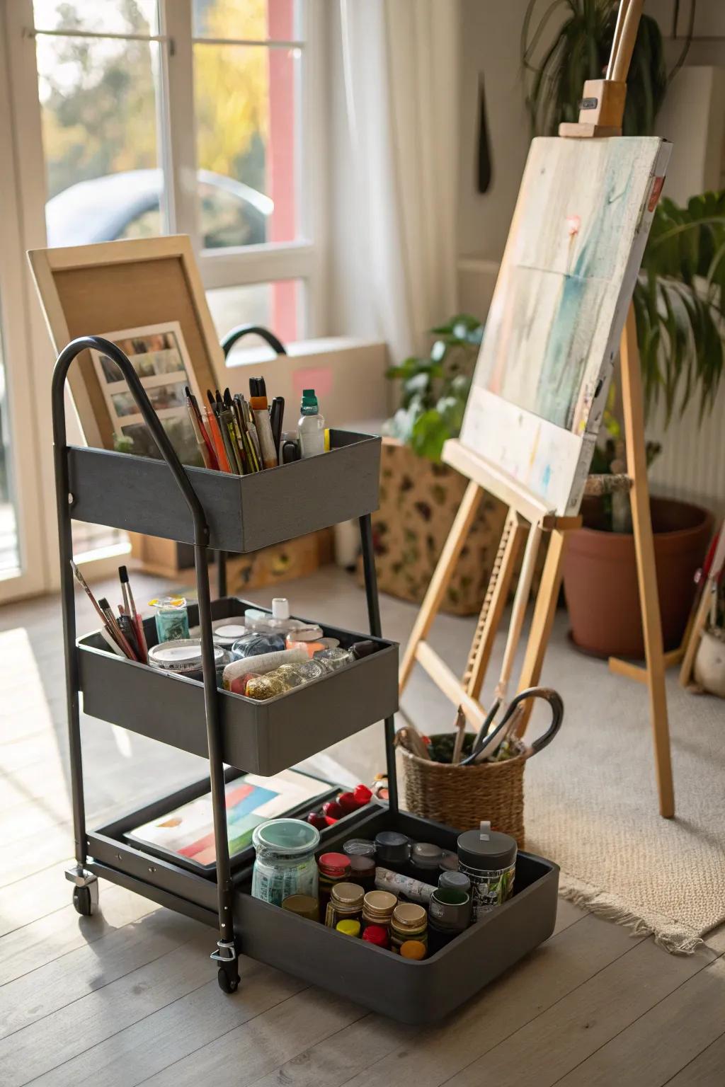 An artist's rolling tool cart for organized creativity.