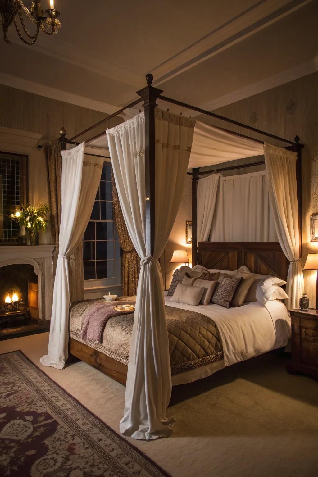 An elegantly draped four poster bed for a timeless romantic feel.