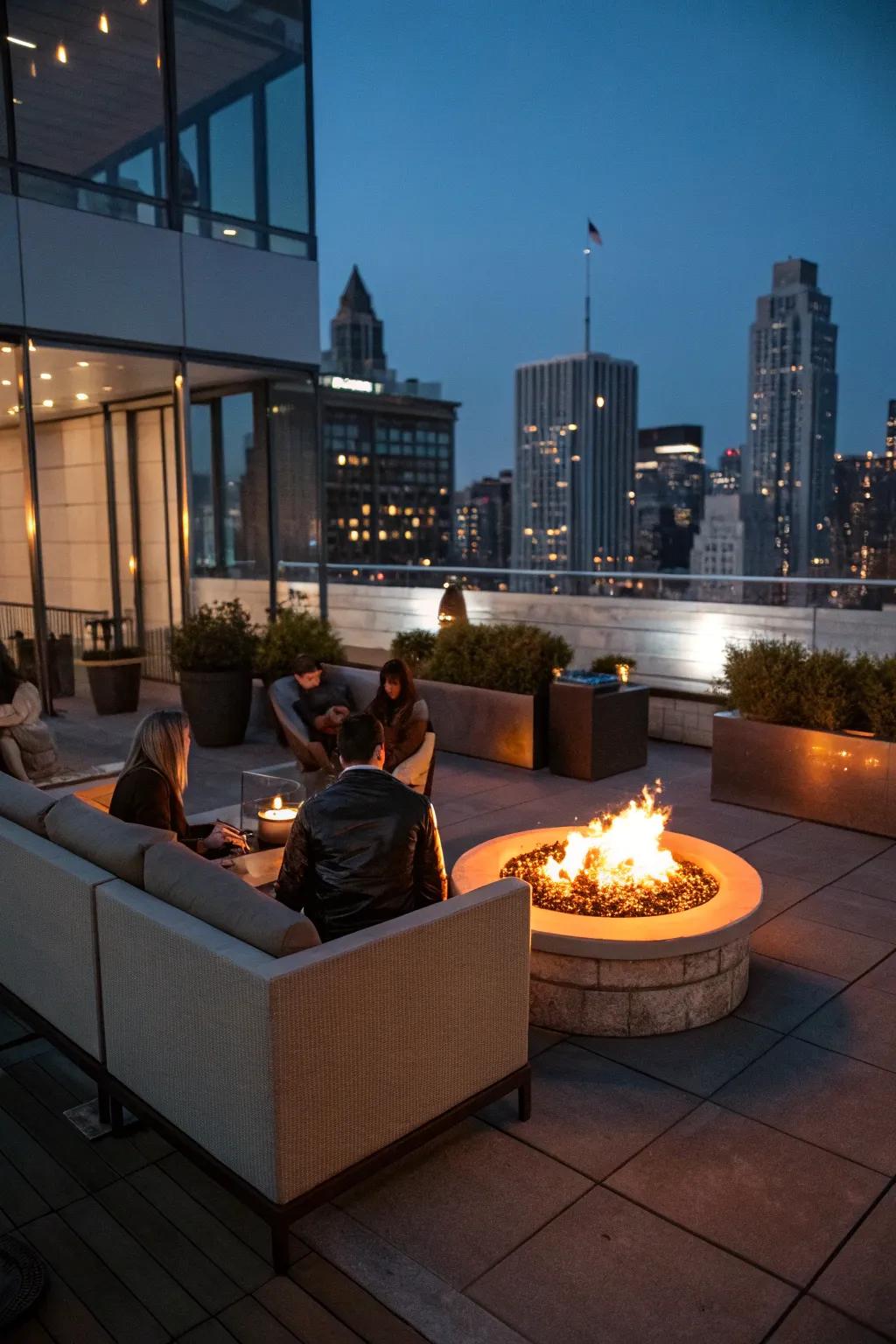 A fire pit adds warmth and a cozy atmosphere to your rooftop patio.