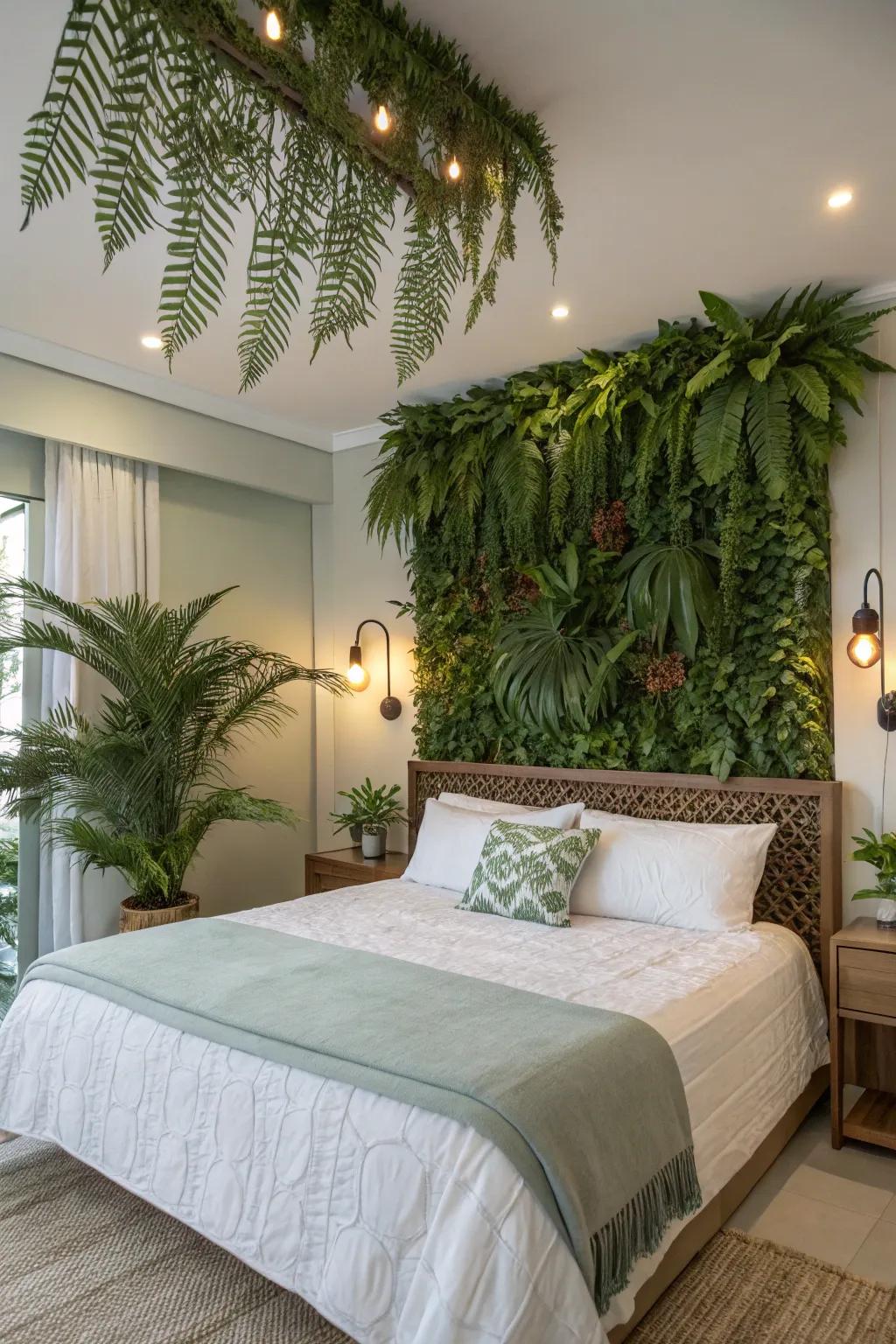 Tropical-themed headboard made from faux leaves.