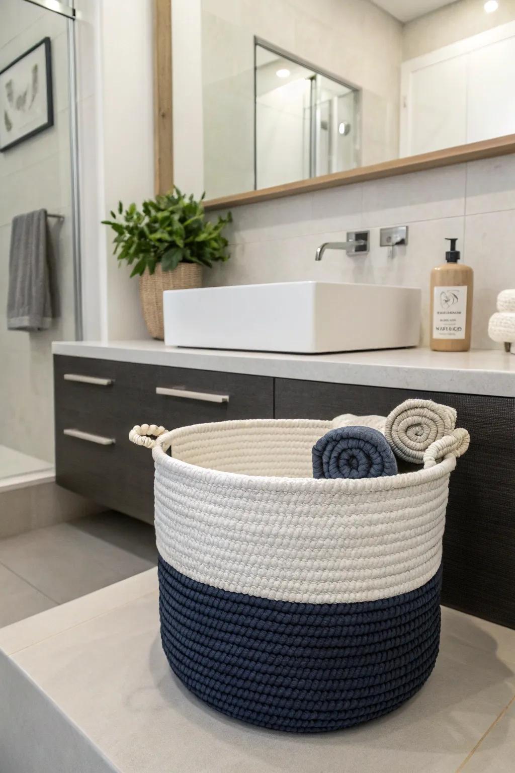 A two-tone rope basket adds a modern flair to practical storage.