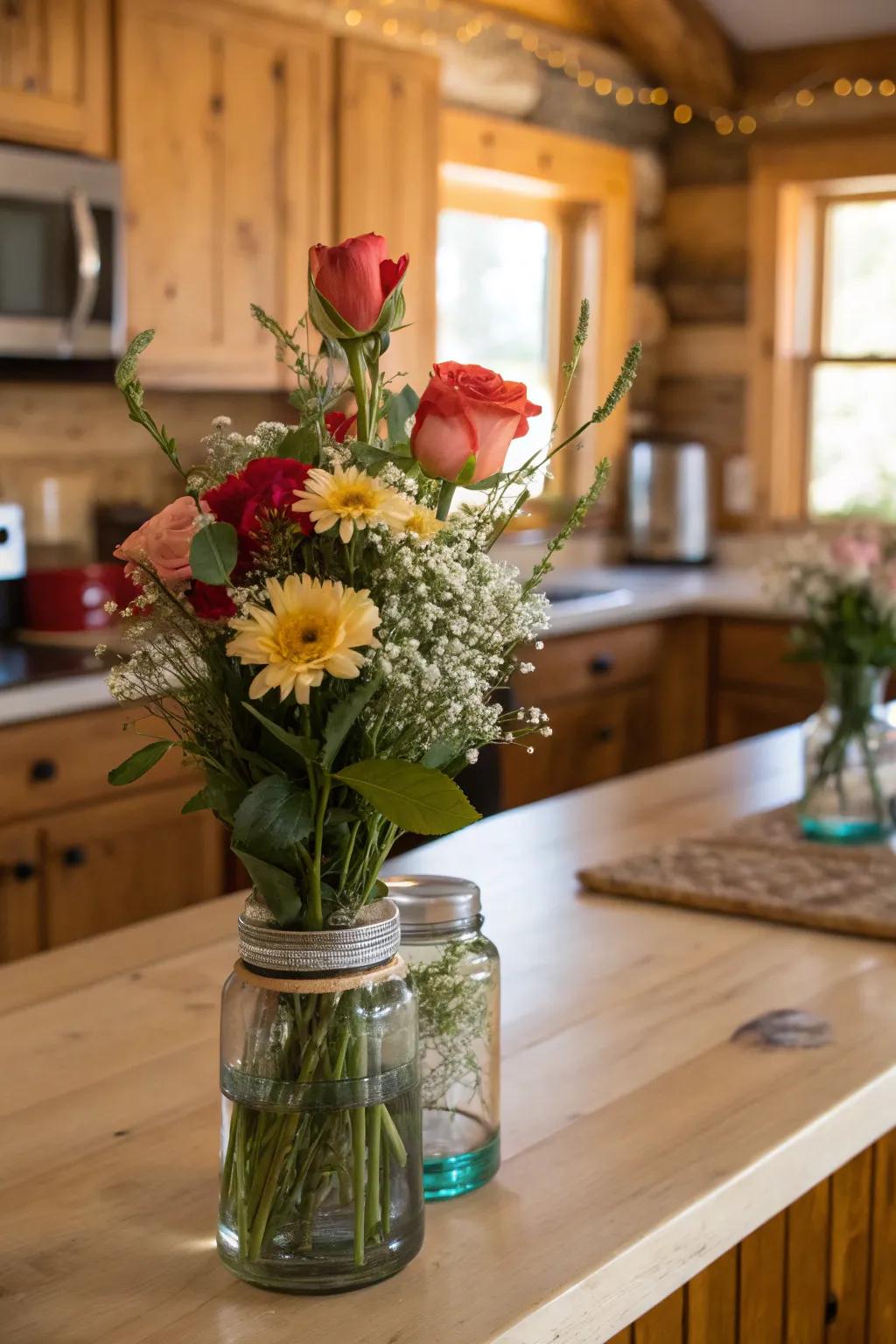 Mason jars give rose arrangements a charming rustic touch.